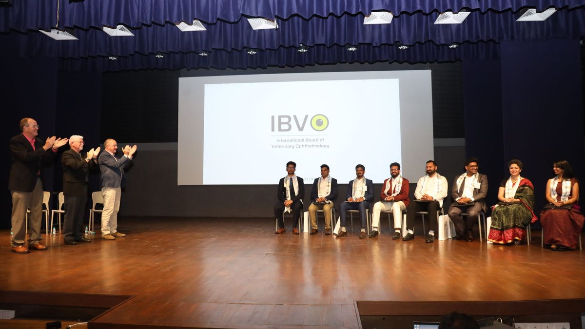 The three founders standing and applauding the eight seated Diplomates on stage, with the IBVO logo on the screen